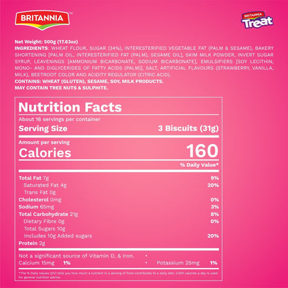 Britannia Treat Buzzy Strawberry Biscuits Sandwich Each Magic of Buzzy Strawberry Cream Cookies Healthy Snack 3.52oz (100g) Pack of 8