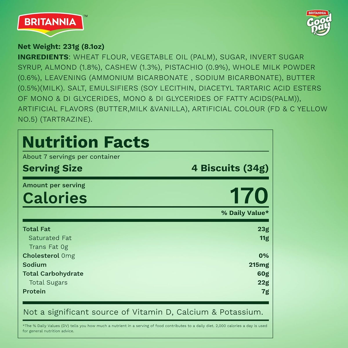 Britannia Good Day Pistachio Almond Cookies Each Nutty & Crunchy Tea-Time Snack Perfect for Breakfast or Anytime Treat 8.1oz (231g)