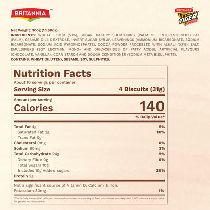 Britannia Tiger Kreemz Choco Cream Biscuits Family Pack 300 Gm| Rich Chocolate Cream-Filled Cookies Perfect For Snack time