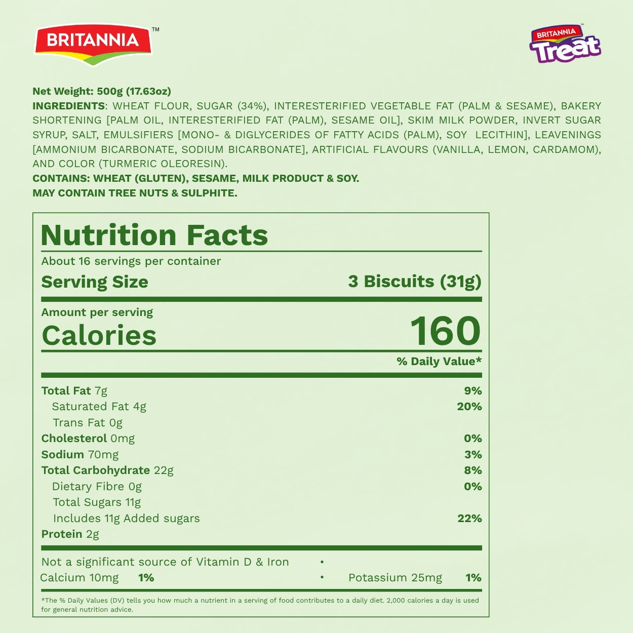 Britannia Treat Cardamom-Flavored Cream Biscuits | Family Pack  | Perfect Snack for Tea Time | 500gm