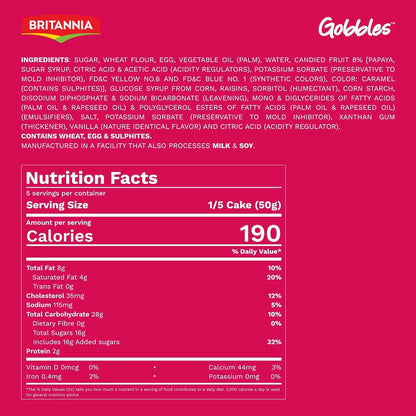 Britannia Fruit Flavored Cake Tea Snacks | Soft & Delicious Eggless Cake with Rich Fruit Bits Perfect for Breakfast & Tea Time 8.82oz (250g) Pack of 1