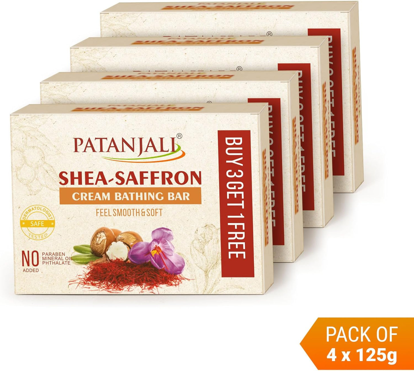 Patanjali Shea Saffron Cream Bath Bar Soap 125g | Moisturizing Body Cleansing Bar | Pack of 4