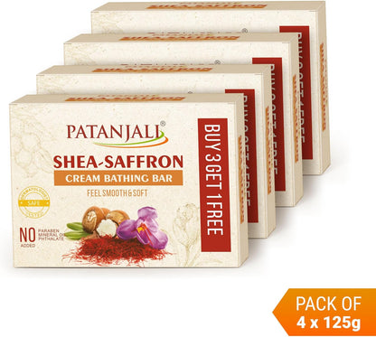 Patanjali Shea Saffron Cream Bath Bar Soap 125g | Moisturizing Body Cleansing Bar | Pack of 4