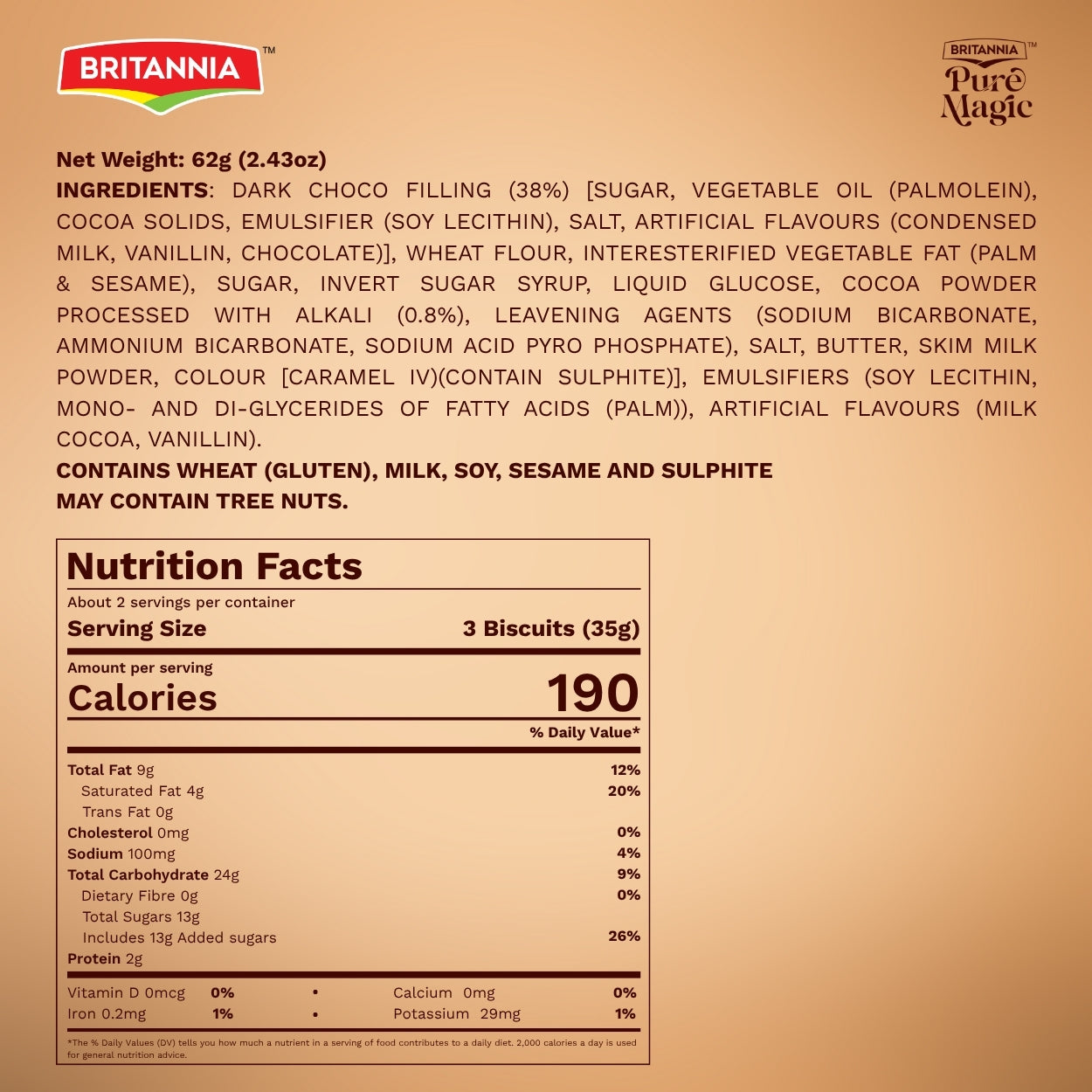 Britannia Pure Magic ChocoLush Biscuits | Pack- 69GM | Crunchy Chocolate Cookies with Smooth Choco Filling | Perfect Snack for Kids & Adults