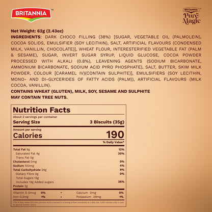 Britannia Pure Magic ChocoLush Biscuits | Pack- 69GM | Crunchy Chocolate Cookies with Smooth Choco Filling | Perfect Snack for Kids & Adults