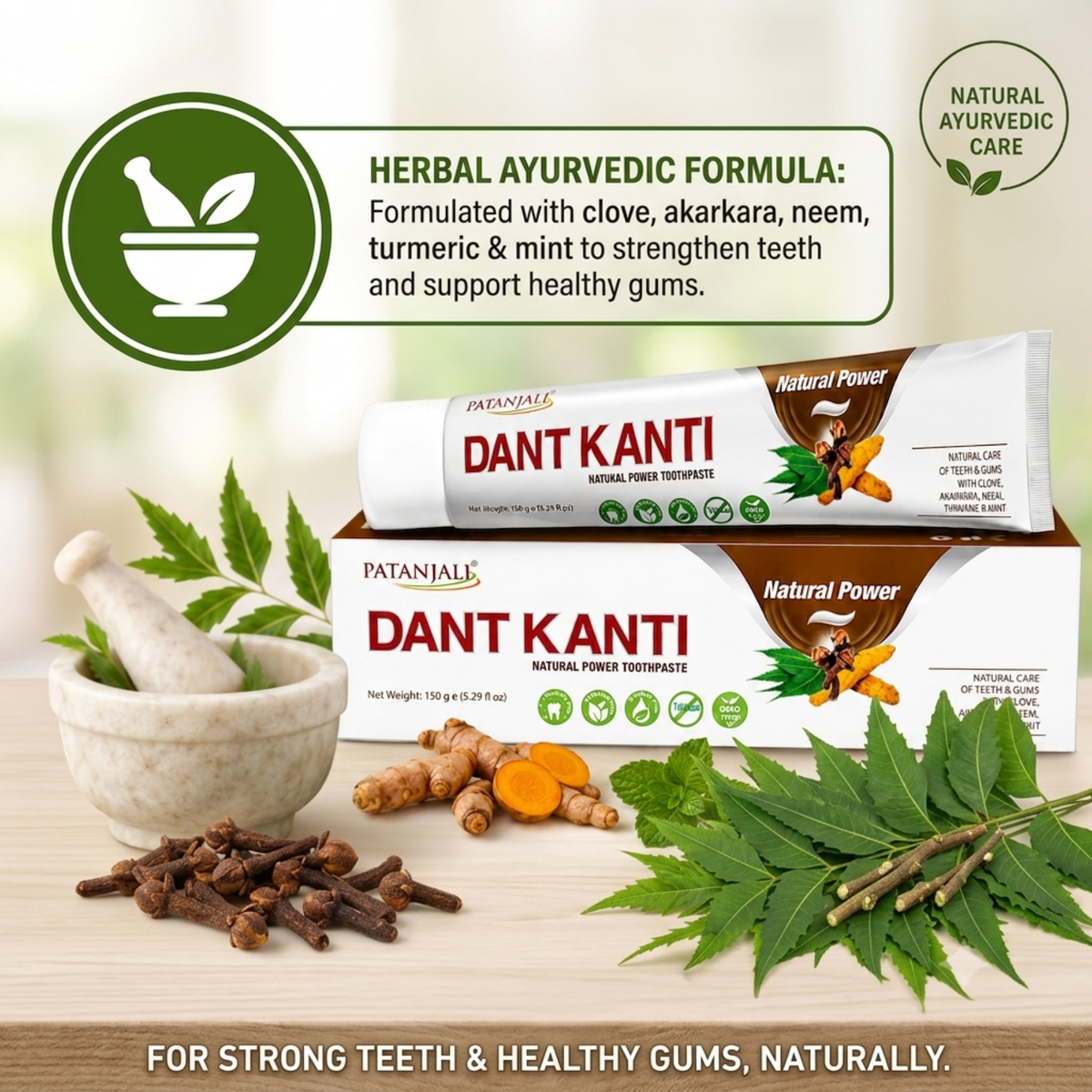 Patanjali Dant Kanti Natural Toothpaste 150 g / 5.29 fl oz | Herbal Ayurvedic Fluoride‑Free Toothpaste for Strong Teeth & Healthy Gums – Fresh Herbal Flavor - (Pack of 6)
