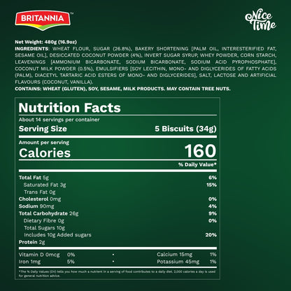 Britannia Nice Time Family Pack of 16.9oz (480g) | Delicious Coconut Biscuit – Crunchy & Sweet Snack | Kids’ Favorite for Breakfast & Tea Time