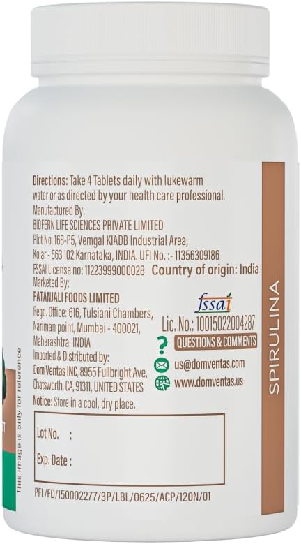Patanjali Nutrela Spirulina 1800mg - Plant-Based Superfood Nutrition Supplement - Immune Support - 120 Vegetarian Tablets
