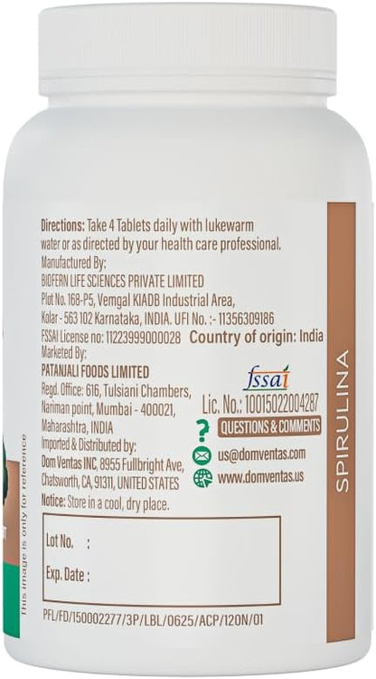 Patanjali Nutrela Spirulina 1800mg - Plant-Based Superfood Nutrition Supplement - Immune Support - 120 Vegetarian Tablets
