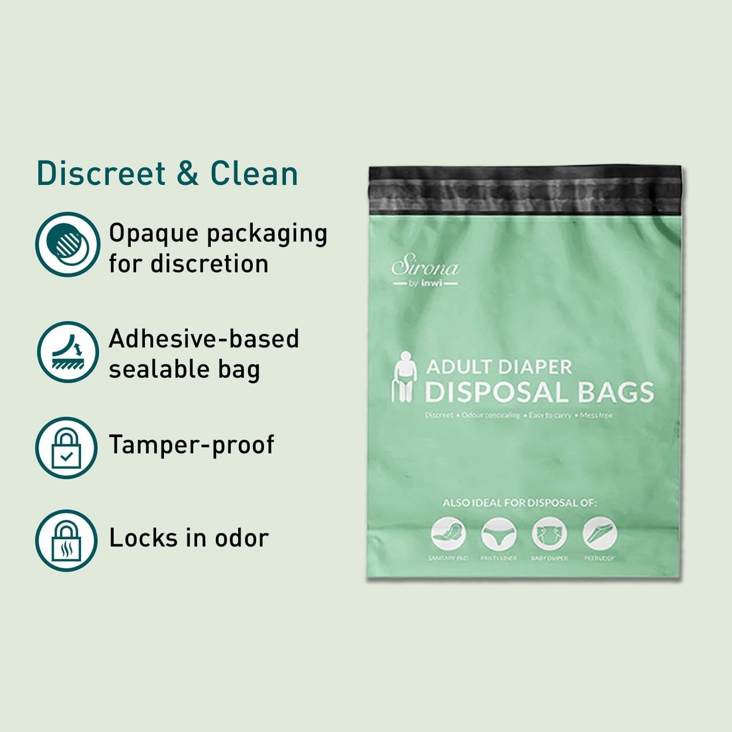 Sirona Premium Adult Diaper Disposable Bags - 30 Bags | Odor Sealing for Diapers, Food Waste, Pet Waste, Sanitary Product Disposal | Durable and Unsce