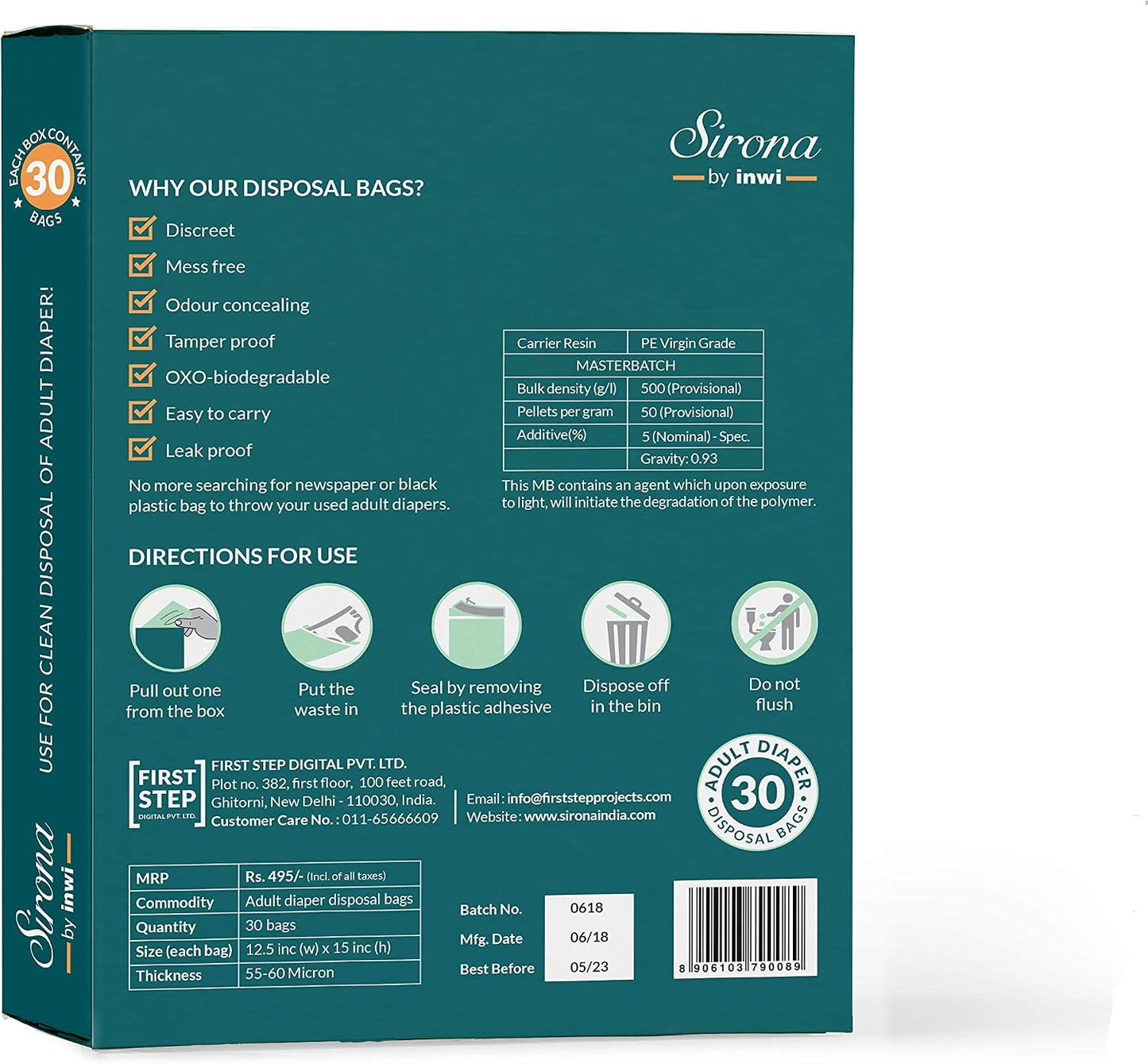 Sirona Adult Diaper Waste Bags | 60 Count | Leak-Proof, Odor-Locking & Oxo-Biodegradable Disposal Bags | Opaque Hygiene Bags for Adult & Baby Diapers, Sanitary Products & Pet Waste