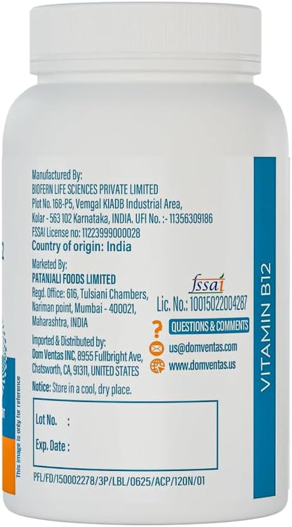 Patanjali Nutrela Vitamin B12 22.5 MCG Capsules - Natural Energy & Nerve Support Supplement - with Moringa & Aloe Vera - 120 Vegetarian Capsules