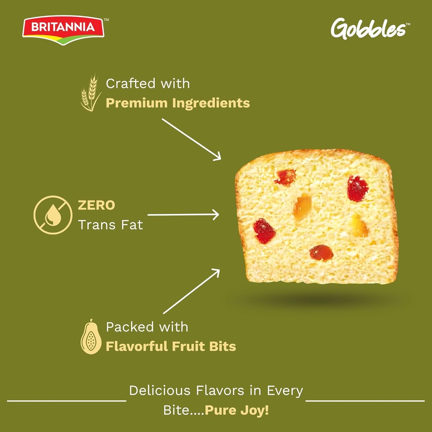 Britannia Gobbles Eggless Fruit Cake Soft & Delicious Tea Snack with Rich Fruit Bits Perfect for Breakfast & Tea Time 9.7oz (275g) Pack of 1