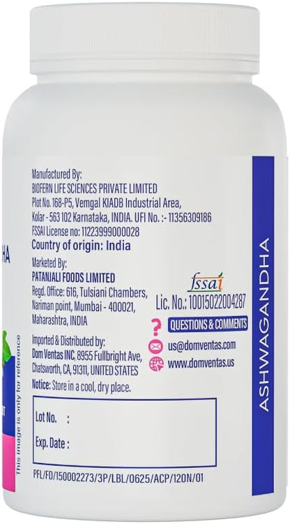 Patanjali Nutrela Ashwagandha 1720mg Capsules - Ayurvedic Stress Relief & Energy Support - Adaptogen for Mental Clarity & Relaxation - 120 Vegetarian Capsules