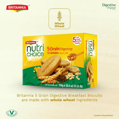 Britannia NutriChoice 5 Grain Biscuits Healthy Multigrain Snack High Fiber & Wholesome Ingredients Perfect Tea-Time or On-the-Go Treat 8.82oz (250g) (Pack of 1)
