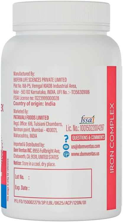 Patanjali Nutrela Iron Complex 36mg - Energy & Vitality Support Supplement - Mineral Formula for Men & Women - 120 Vegetarian Capsule