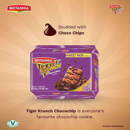 Britannia Krunch Chocochips Biscuits | Family Pack - 512 GM | Kids’ Favorite Snack Breakfast & Tea Time Treat