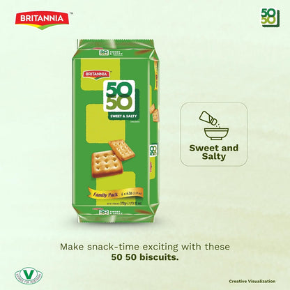 Britannia 50-50 Maska Chaska Biscuits Family Pack Buttery Masala Flavor Light & Crispy Tea-Time Snack 21.2oz (600g) Pack of 2