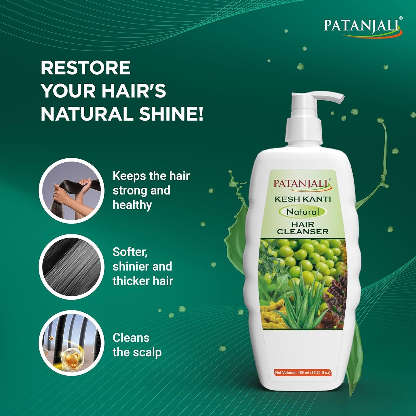 Patanjali Kesh Kanti Natural Shampoo 15.21 flOz | Herbal Ayurvedic Hair Cleanser with Amla, Shikakai, Neem & Aloe Vera | Gently Cleanses Scalp, Helps Reduce Hair Fall & Dandruff