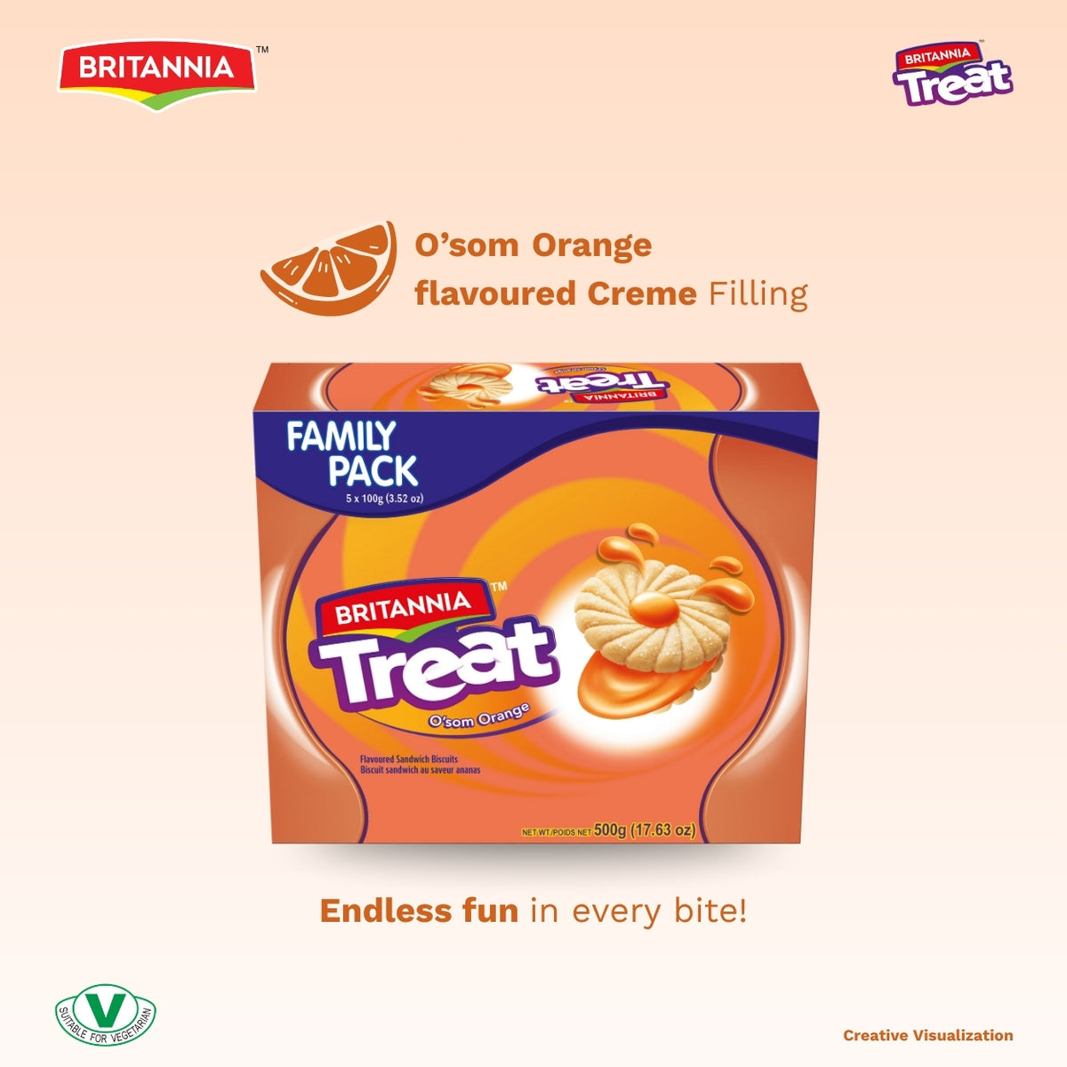Britannia Treat Orange Biscuits Sandwich Each Magic of Orange Cream Cookies Healthy Snack Halal Perfect for Breakfast 3.52oz (100g) Pack of 6
