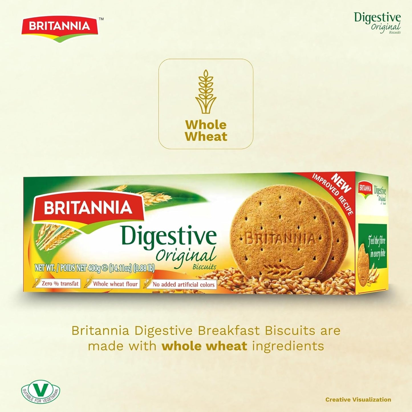 Britannia Digestive High-Fiber Biscuits Healthy Whole Wheat Cookies No Added Sugar Crisp Tea Time Snack 14.11oz (400g)