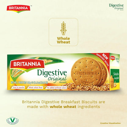 Britannia Digestive High-Fiber Biscuits Healthy Whole Wheat Cookies No Added Sugar Crisp Tea Time Snack 14.11oz (400g)