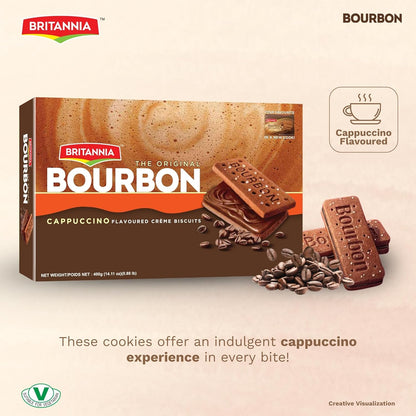Britannia Bourbon The Original Cappuccino Crème Biscuits Smooth Chocolate Cappuccino Cream Filling Crunchy Tea-Time Snack with Sugar Crystals 3.52oz (100g) Each Pack of 6