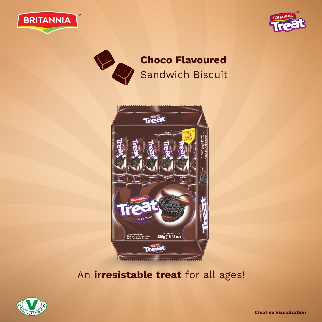 Britannia Treat Funky Choco Cream Biscuits | Pack -480GM(40g*12) | Chocolate Cream Filled Cookies Tasty Snack for Kids & Adults | Total 96 Pieces