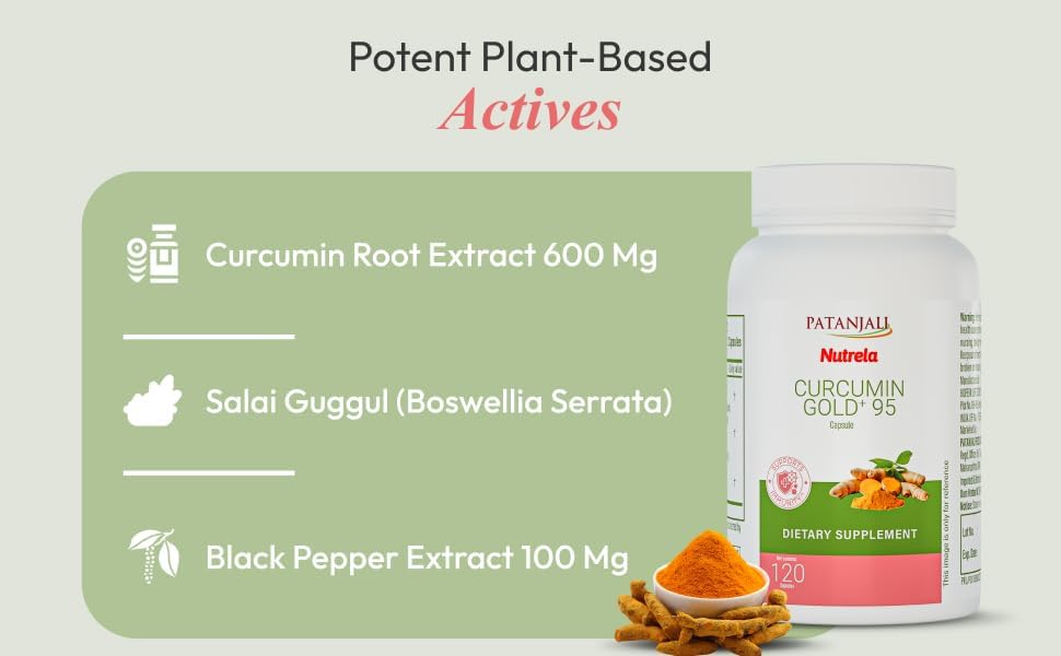 Patanjali Nutrela Curcumin Gold+ with Salai Guggul & Black Pepper - 95% Curcuminoids Turmeric Supplement - Joint Support & Inflammation Relief - 120 Vegetarian Capsules