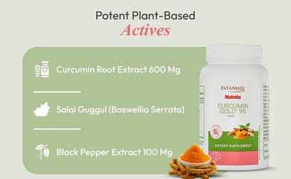 Patanjali Nutrela Curcumin Gold+ with Salai Guggul & Black Pepper - 95% Curcuminoids Turmeric Supplement - Joint Support & Inflammation Relief - 120 Vegetarian Capsules