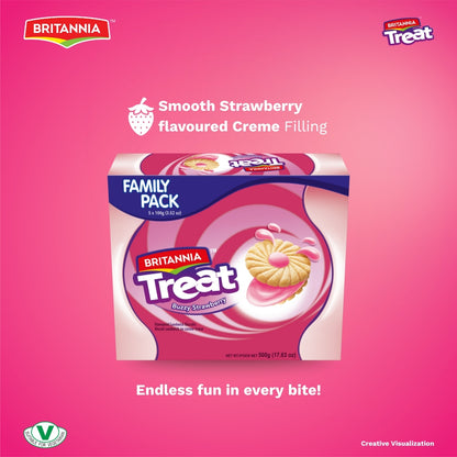 Britannia Treat Buzzy Strawberry Biscuits Sandwich Each Magic of Buzzy Strawberry Cream Cookies Healthy Snack 3.52oz (100g) Pack of 8