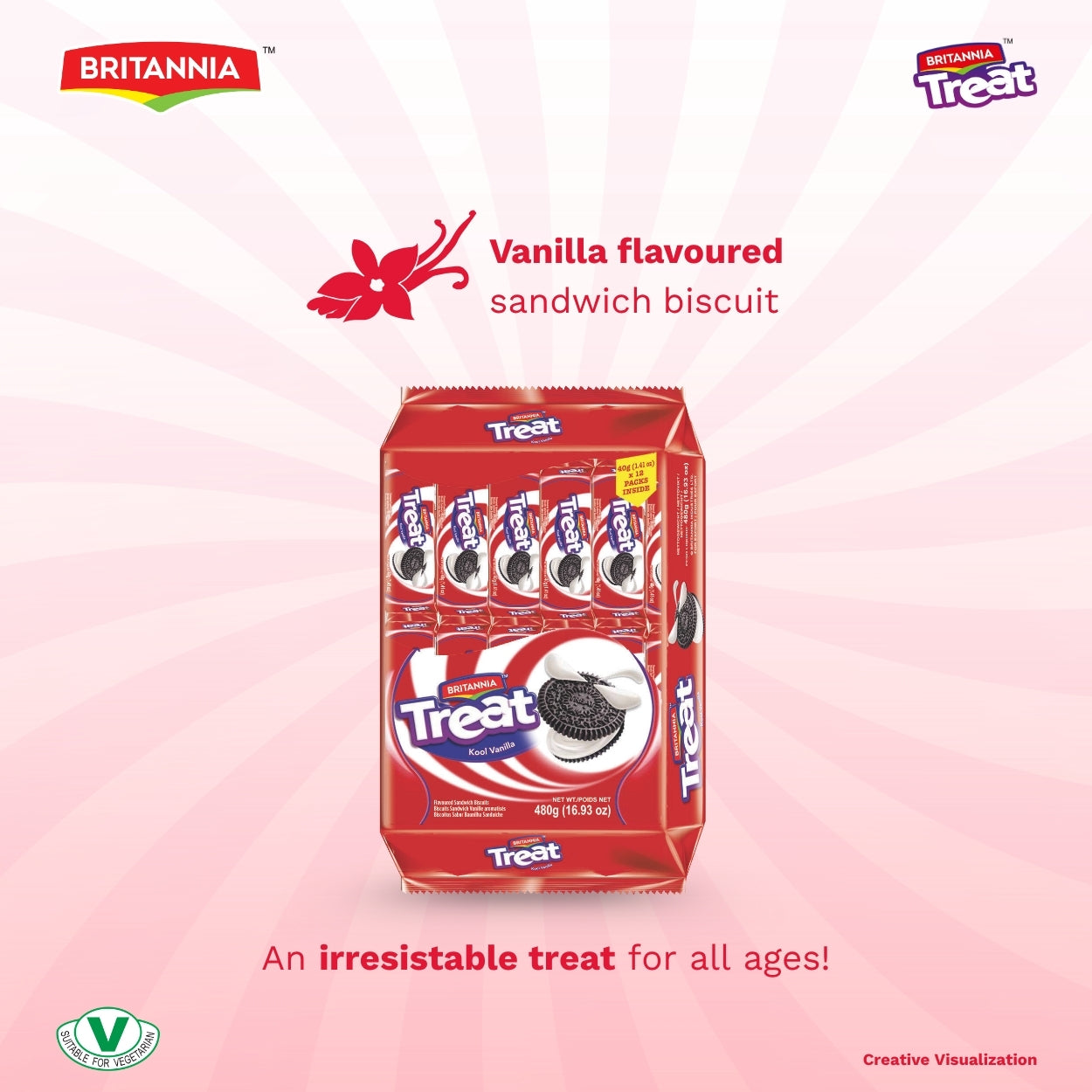 Britannia Treat Vanilla Cream Biscuits | Family Pack 480gm (40g*12) | Delicious Family Snack