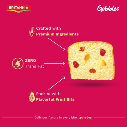 Britannia Fruit Flavored Cake Tea Snacks | Soft & Delicious Eggless Cake with Rich Fruit Bits Perfect for Breakfast & Tea Time 8.82oz (250g) Pack of 1