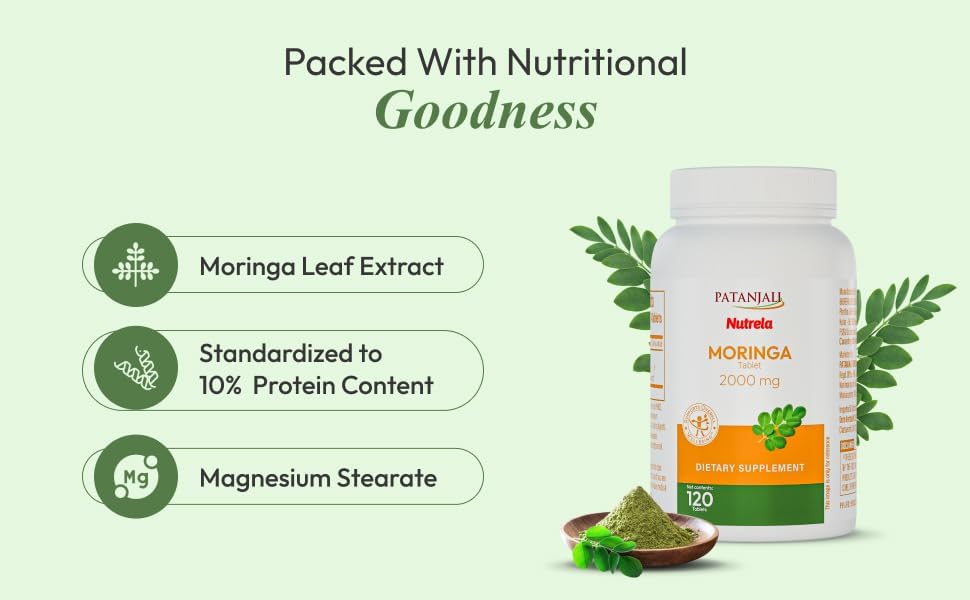Patanjali Nutrela Moringa 2000mg Tablets - Natural Superfood Supplement for Energy, Immunity & Daily Wellness - 120 Vegetarian Tablets