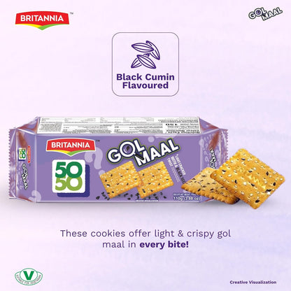 Britannia 50-50 Golmaal Biscuits Tangy Masala Flavor Light & Crispy Snack Perfect for Tea-Time 3.52oz (100g) Pack of 4
