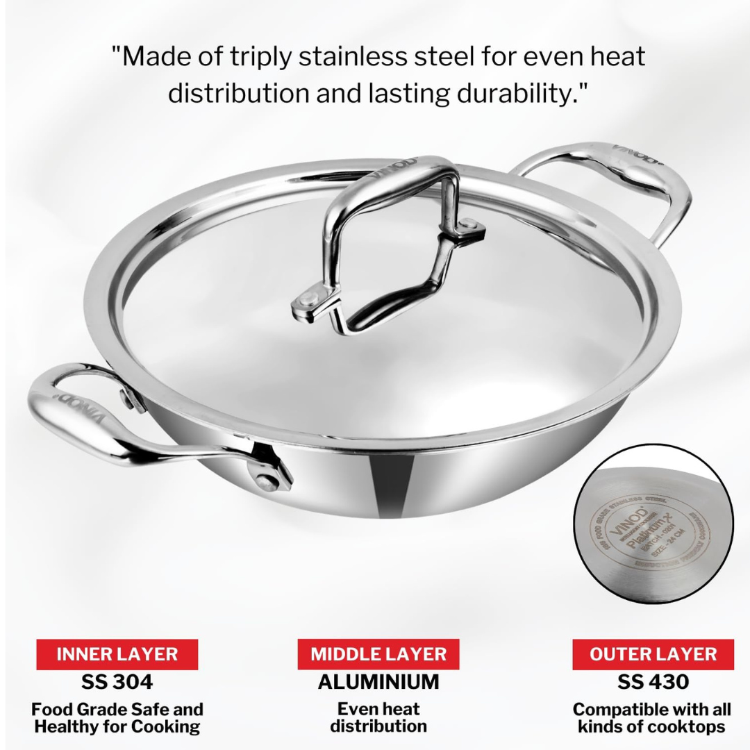 Vinod SAS Pro Platinum Triply Stainless Steel Non Stick Kadhai with Lid - 108 oz , 10.14 inches | Ceramic Coating | Honeycomb Design Induction Base - 5 Year Warranty