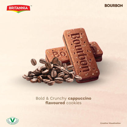 Britannia Bourbon The Original Cappuccino Crème Biscuits Smooth Chocolate Cappuccino Cream Filling Crunchy Tea-Time Snack with Sugar Crystals 3.52oz (100g) Each Pack of 6