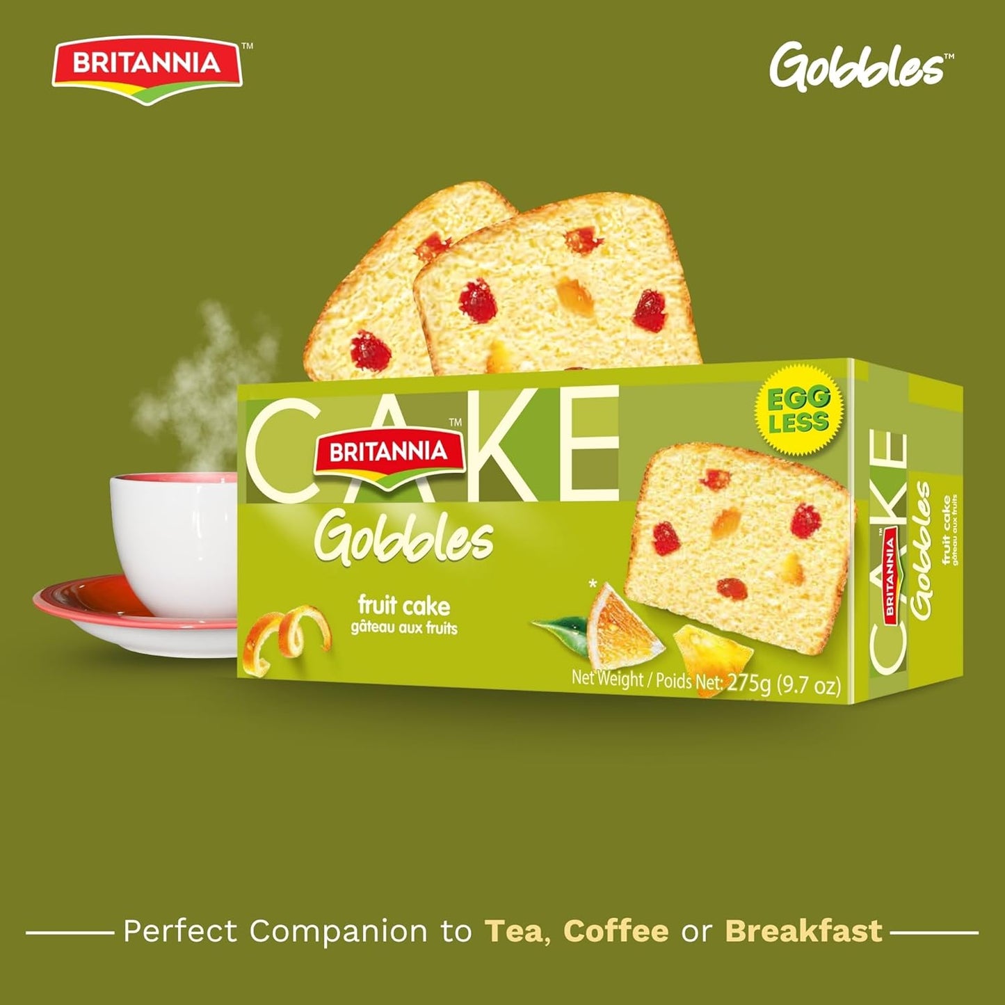 Britannia Gobbles Eggless Fruit Cake Soft & Delicious Tea Snack with Rich Fruit Bits Perfect for Breakfast & Tea Time 9.7oz (275g) Pack of 1