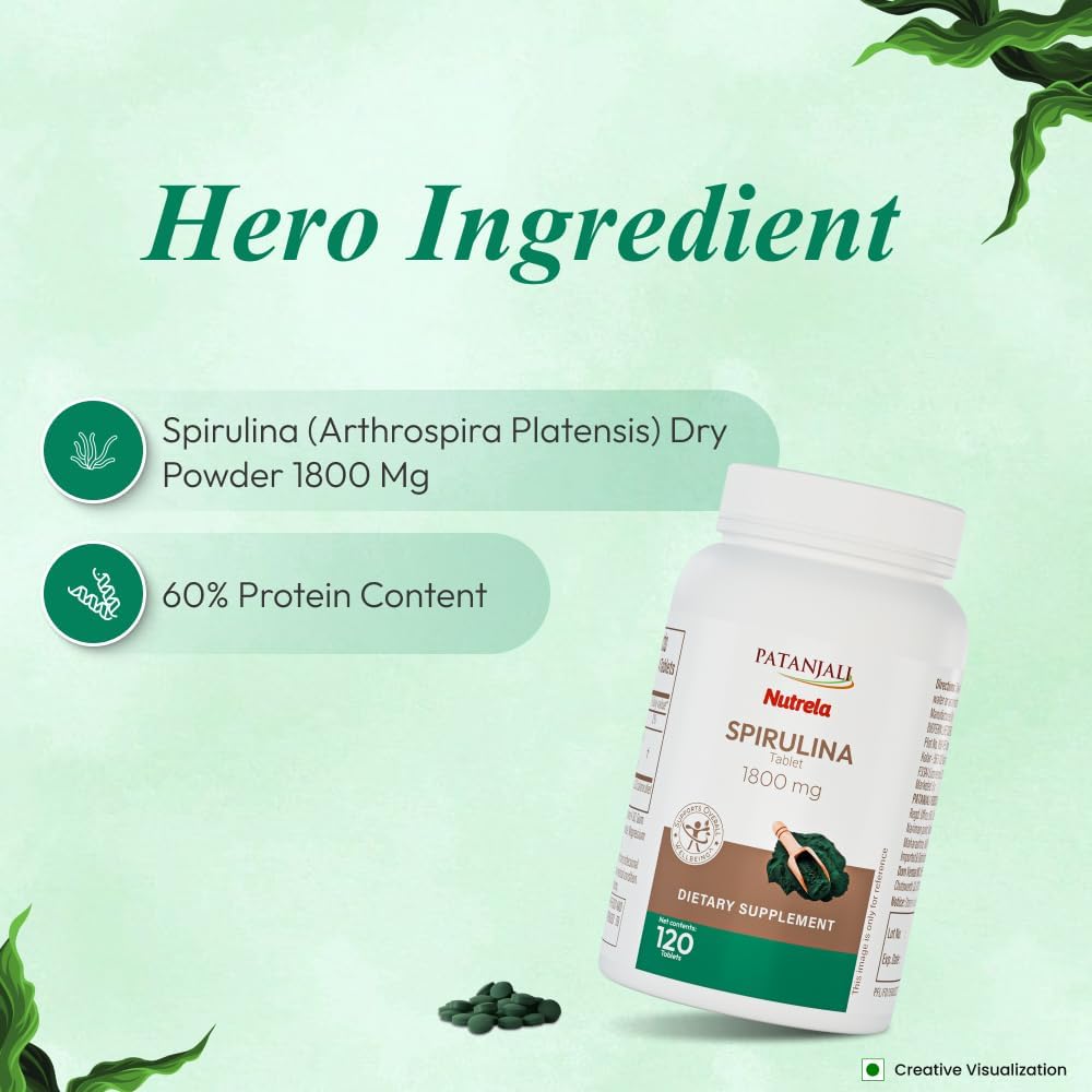 Patanjali Nutrela Spirulina 1800mg - Plant-Based Superfood Nutrition Supplement - Immune Support - 120 Vegetarian Tablets