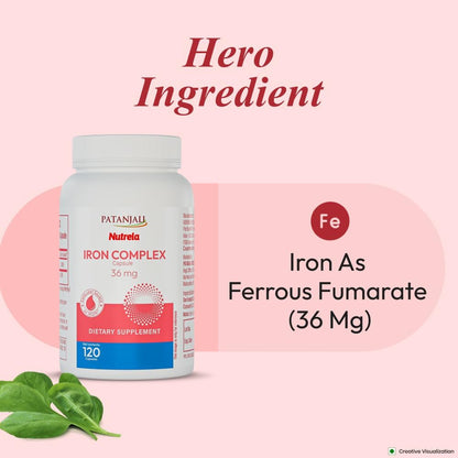Patanjali Nutrela Iron Complex 36mg - Energy & Vitality Support Supplement - Mineral Formula for Men & Women - 120 Vegetarian Capsule