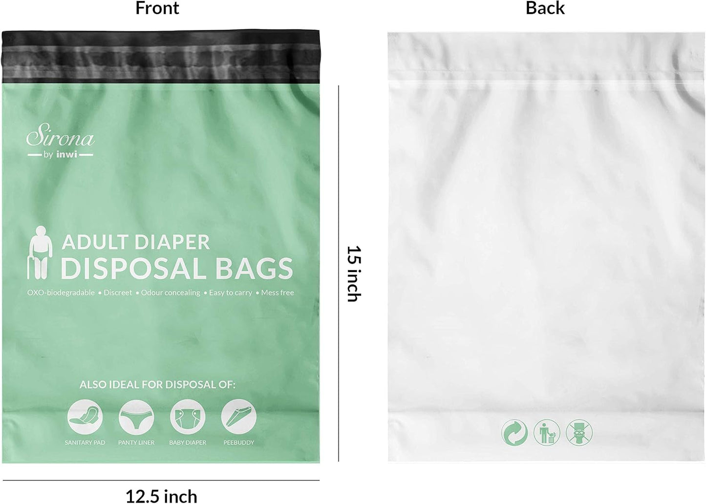 Sirona Adult Diaper Waste Bags | 60 Count | Leak-Proof, Odor-Locking & Oxo-Biodegradable Disposal Bags | Opaque Hygiene Bags for Adult & Baby Diapers, Sanitary Products & Pet Waste