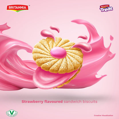 Britannia Treat Buzzy Strawberry Biscuits Sandwich Each Magic of Buzzy Strawberry Cream Cookies Healthy Snack 3.52oz (100g) Pack of 8