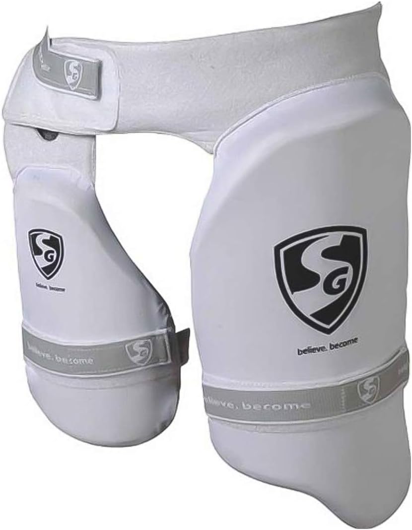 SG Ultimate Combo Thigh Guard | White | Men RH | Polyester | Men | Customised Adjustment | Thigh & Inner Thigh Guard | Comfort-Fit Elasticated Straps | Fully Adjustable | Secure Fit
