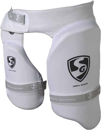 SG Ultimate Combo Thigh Guard | White | Men RH | Polyester | Men | Customised Adjustment | Thigh & Inner Thigh Guard | Comfort-Fit Elasticated Straps | Fully Adjustable | Secure Fit