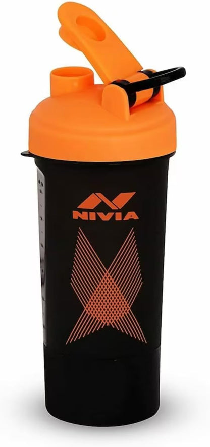 NIVIA Venom Sports Water Bottle Shaker with Extra Compartment | Color: Orange | Capacity: 650 ml | Material: Plastic | For Kids, Men & Women | Use During of Cycling, Gym, Running & Training