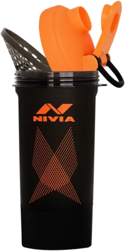 NIVIA Venom Sports Water Bottle Shaker with Extra Compartment | Color: Orange | Capacity: 650 ml | Material: Plastic | For Kids, Men & Women | Use During of Cycling, Gym, Running & Training