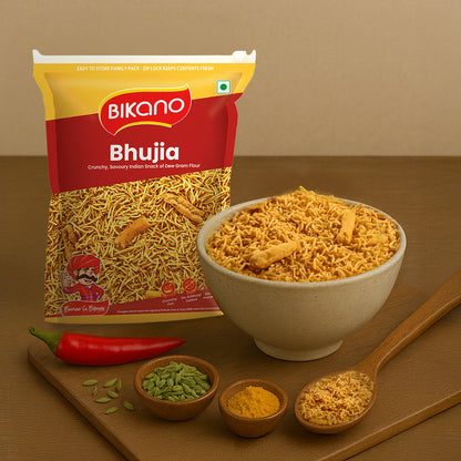 Bikano Bhujia Spicy & Crispy Namkeen | Made with Husked Dew Moth Bean Flour & Chickpea Flour | Authentic Indian Snack with Traditional Spices – 350g