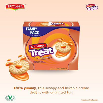 Britannia Treat Orange Biscuits Sandwich Each Magic of Orange Cream Cookies Healthy Snack Halal Perfect for Breakfast 3.52oz (100g) Pack of 6