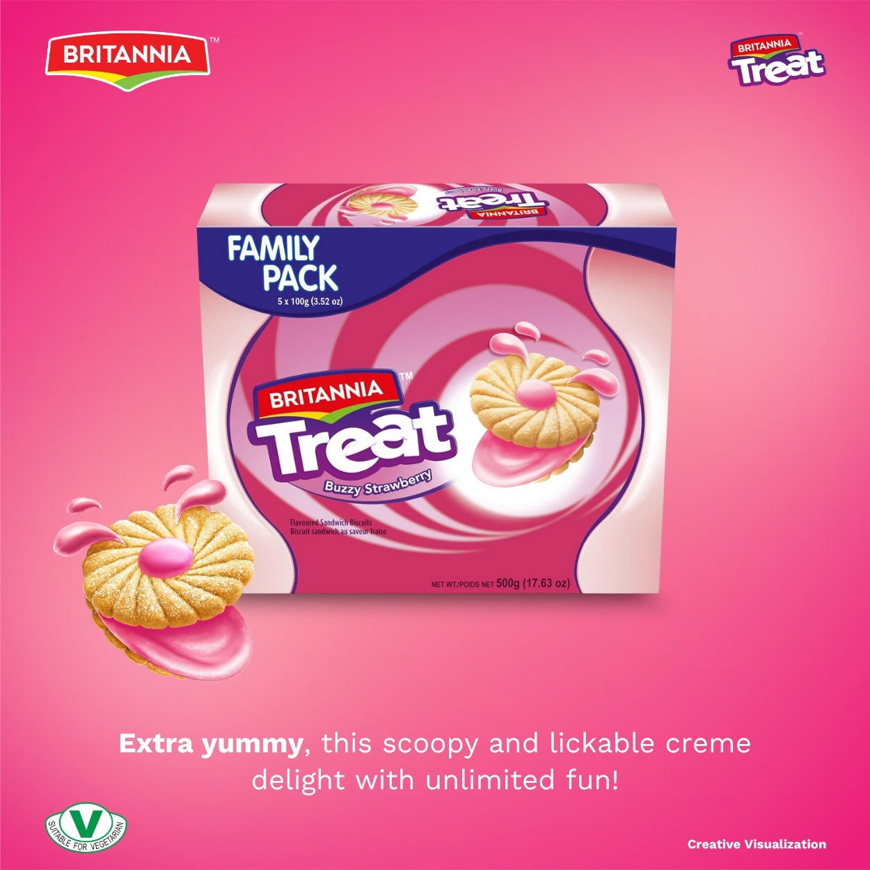 Britannia Treat Buzzy Strawberry Biscuits Sandwich Each Magic of Buzzy Strawberry Cream Cookies Healthy Snack 3.52oz (100g) Pack of 8