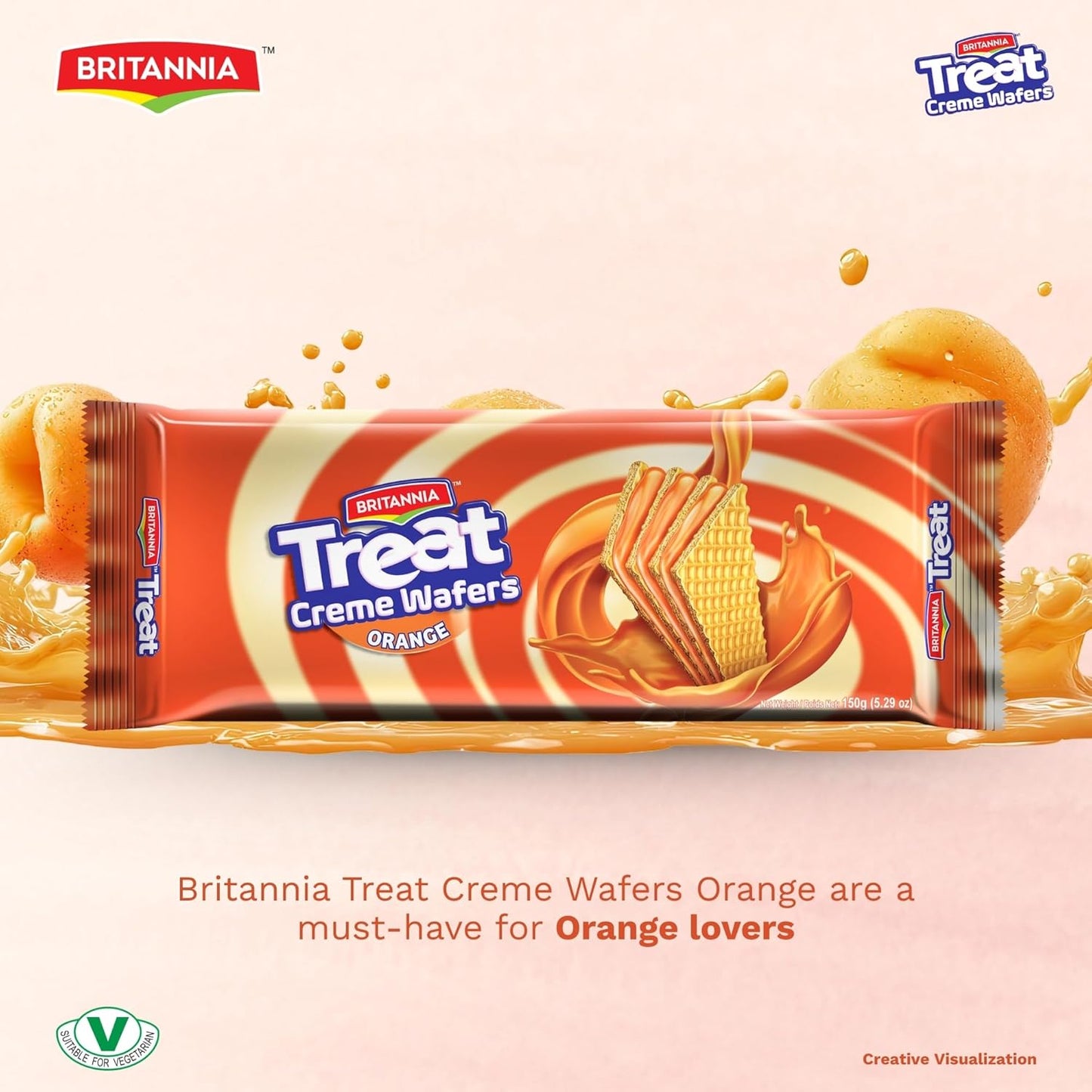 Britannia Treat Creme Wafers Orange Flavor Crispy Layered Wafers with Zesty Orange Cream Filling, 150g (5.29 oz)